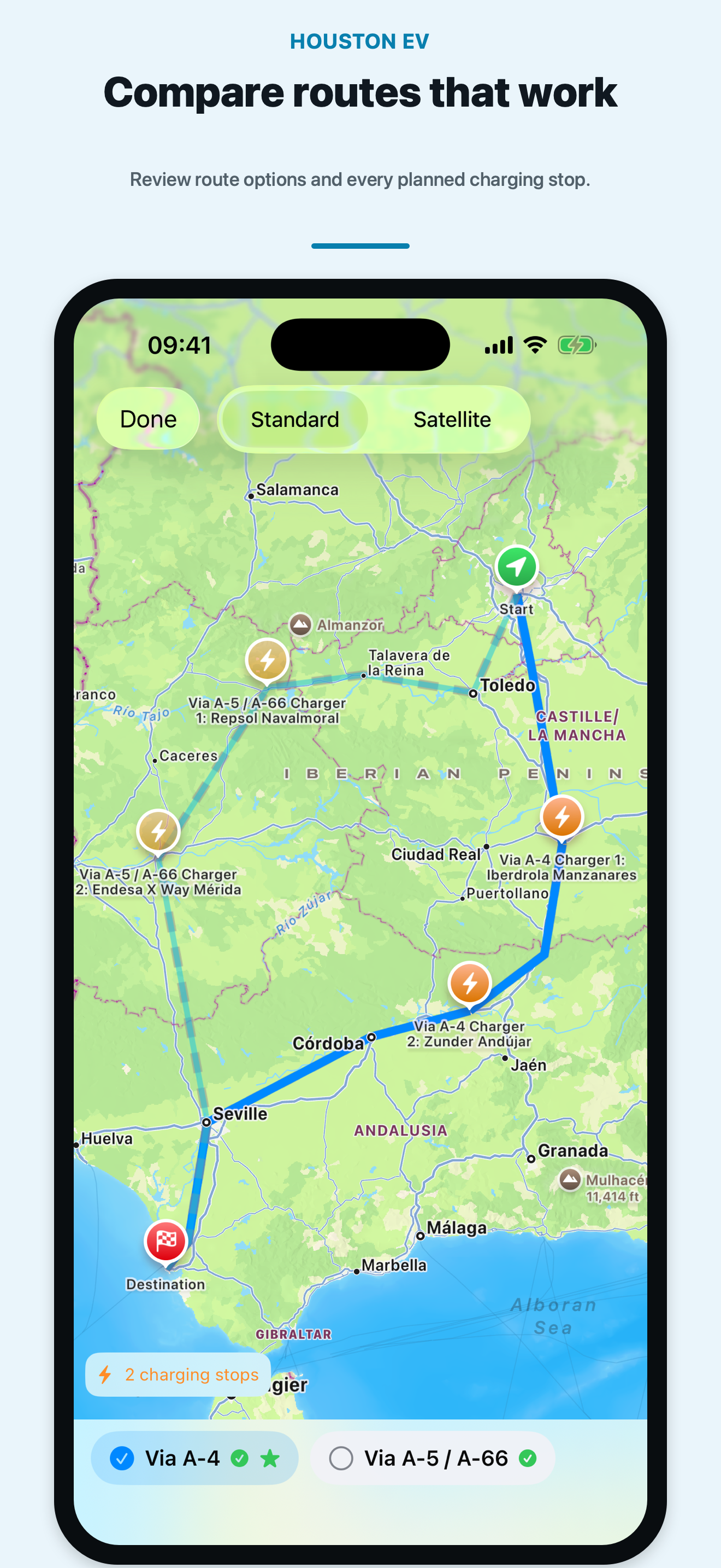 HOUSTON EV route comparison screen