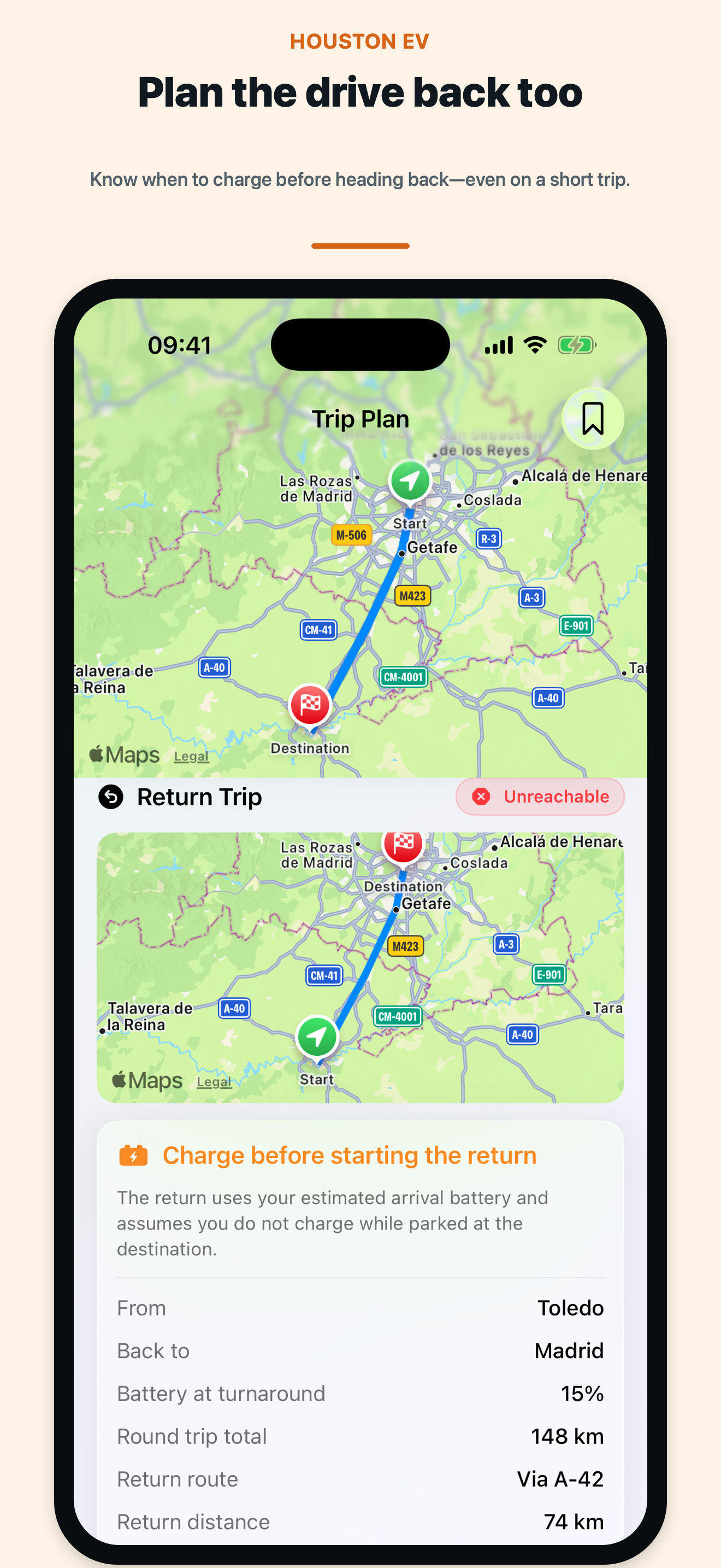 HOUSTON EV round-trip planning screen