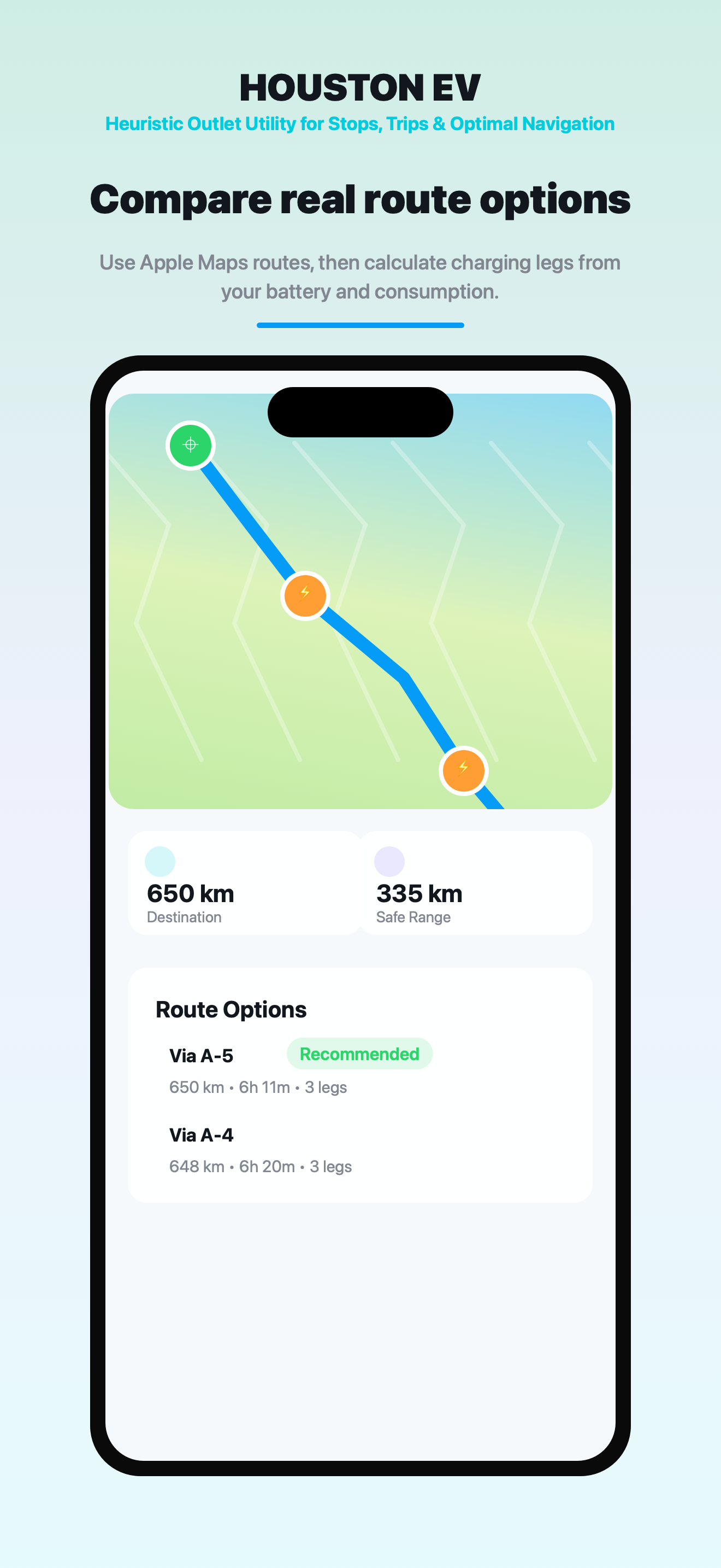 HOUSTON EV route planning map screen